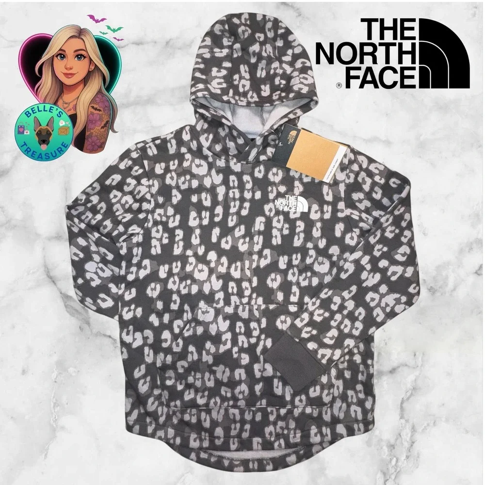 The North Face Girls M 10 12 Camp Fleece Pullover Hoodie Sweatshirt Grey Leopard